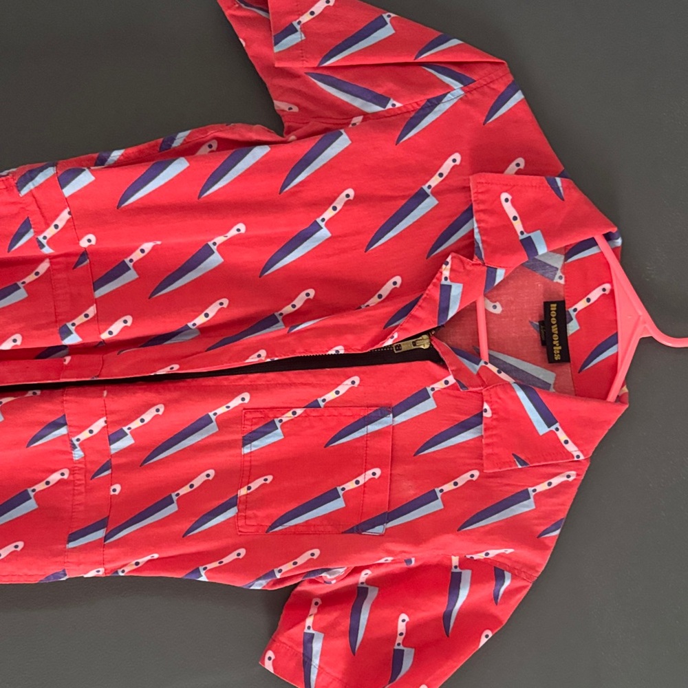 Nooworks Vibrant Red jumpsuit with Blue Knife Design
